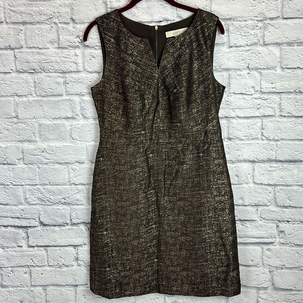 Loft Sheath Dress Size 6 Petites Brown Gold Metallic V Neck Exposed Zipper